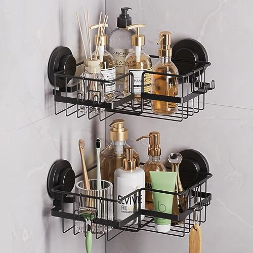 TAILI Duschablage Ohne Bohren,Einstellbar Ecke Dusche Caddy Saugnapf 2er Set Dusche Zubehör mit Haken Rostfrei Schwarz Duschregal Organisator für Küche Badezimmer, Schwarz