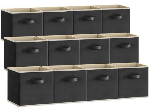 Lifewit Lot de 12 Cubes de Rangement, Boite Rangement Tissu, Caisse Rangement Pliable, Panier de Rangement Décoratifs, Bac de Rangement Placard Vetement avec Poignées, 26,5 x 26,5 x 28 cm, Noir