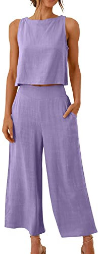 AMhomely 2-teiliges Outfit für Damen, ärmellos, Hosen-Sets für Damen, Baumwoll-Leinen-Sets für Damen, 2-teiliges Set mit weitem Bein, Marschweste, Top, Knopfleiste, elegante Damenhose, Anzüge mit