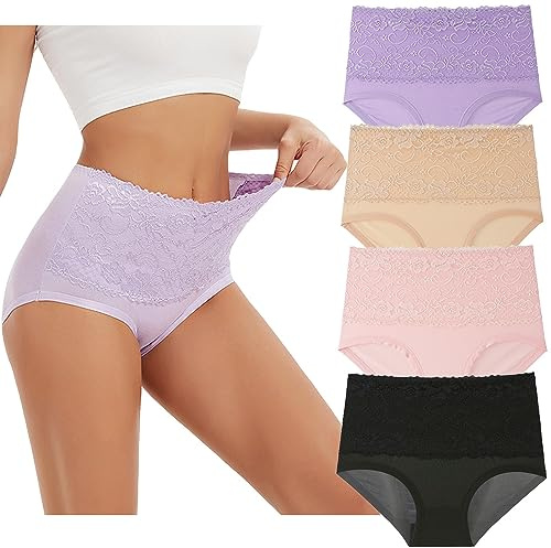 Hornice Women's High Waisted Knickers Lace Floral Strench Panties Full Coverage Tummy Control Briefs Ladies Cotton Underwear (Size: XL) - Pack of 4