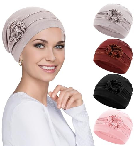 XEPST 4 Pieces Chemo Headwear Turbans Cap Beanie Hat Head Wraps Hair Coverings for Women Sleep Cap Chemo Cancer Hat with Flower Design (4 Colors)