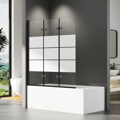 Duschwand für Badewanne 140x140cm, Gestreift Duschwand 3-teilig Badewannenaufsatz Schwarz 3-teilig Faltbar Duschabtrennung Badewanne mit 6mm NANO ESG-Glas