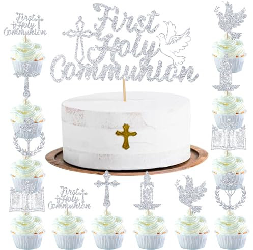 Volsha First Holy Communion Cake Topper God Bless Cake Topper Decorations Grail Cross Christening Baptism Confirmation 1st Communion Party Decor Christian Baptism Cake Topper