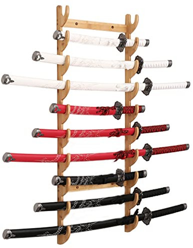 Katana Schwertständer Wandhalterung | Mehrschichtiger, Bodenstehender Schwertständer, Schwertständer, Waffenständer, Vertikaler Schwertaufhänger, Kampfsport-Waffenständer, 8 Etagen, Wandmontage (Holz