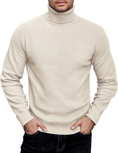 COOFANDY Suéter de cuello alto para hombre, de punto acanalado, cuello redondo, manga larga, ligero, casual, cuello alto, para invierno, color blanco, talla L, crema, L