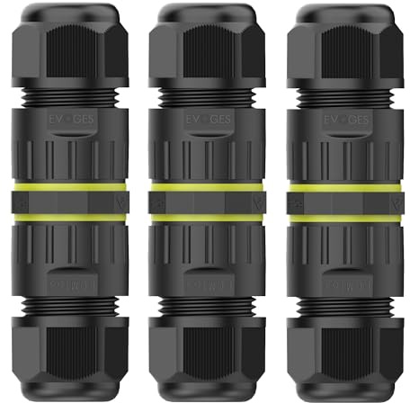 EVOGES IP68 Waterproof Outdoor Inline Cable Connector, 3 Pole, Ø3.5-10mm Cable Diameter, 0.5-1.5mm² Conductor, UKCA, UL, CE, TUV, RoHS Certified (Pack of 3)