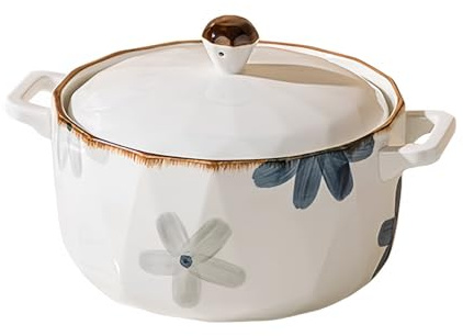 Dowbom Suppenschüssel mit Deckel, große Ramenschüssel, Keramik, Instant-Nudelschüssel, mikrowellengeeignet, große Suppentasse (weiße Blume, 1000 ml)