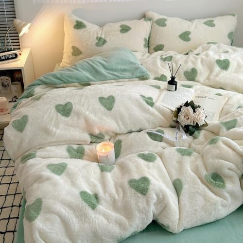 Sedefen Housse de Couette 140x200 Motif du cœur Vert Blanc Peluche Flanelle Hiver Chaude Duveteuse Parure de lit 1 Personne + 1 Taie d'oreiller 65x65 Filles Adulte Ado Linge de lit
