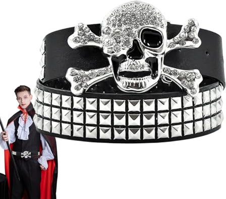 Punk-Rock-Nietengürtel, für Herren, Punk-/Totenkopf-Gürtel, Damen, Skelett-Taillengürtel mit Strass – Nieten, Punk-Rock-Gürtel für den Alltag, Partys, Cosplay-Veranstaltungen, Schwarz , Refer to