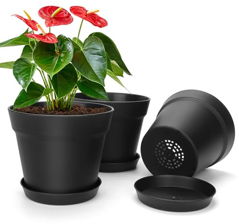 DENUOTOP Set di 3 Vaso da Fiori Nero con Sottovaso, Vaso per Piante da Interno, 15cm, Vaso per Fiori, Erbe Aromatiche, Bonsai, Orchidee