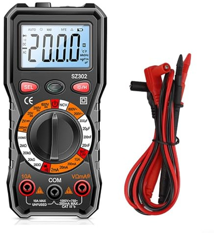 SZ302 Multimètre numérique professionnel, voltmètre automatique NCV, testeur de tension AC DC, résistance, capacité, diode, avec lampe de poche rétroéclairée (noir)