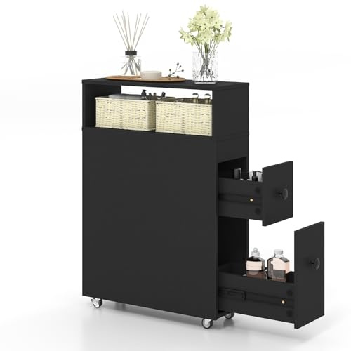 GIANTEX Nischenregal 19cm breit, Badezimmerschrank schmal Badregal auf Rollen, Nischenschrank Nischenwagen mit 2 Schubladen & 2 Weidenkörben, Rollwagen Rollcontainer 19x50x72 cm (Schwarz)