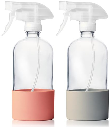 Vitachy 2er-Set Glassprühflaschen 500ml mit Silikon-Schutzhülle - Sprühflasche aus Glas mit verstärktem Sprühkopf und 3-Wege-Düse für Haushalt & Pflanzen - Lachs/Grau