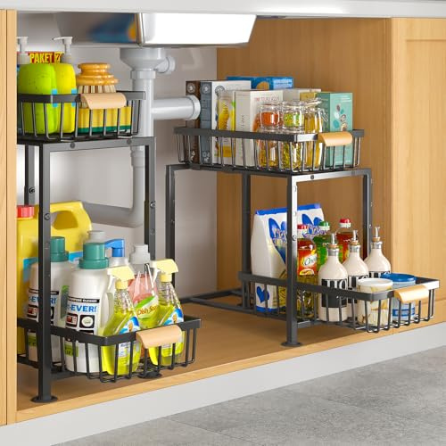 Mointal 2er-Set Küchenregal mit 2 ausziehbaren Schrankkörben & Holzgriffen, Schubladen Organizer für Spülunterschrank, Bad & Arbeitsplatte, als Gewürzregal, Höhenverstellbar, Schwarz