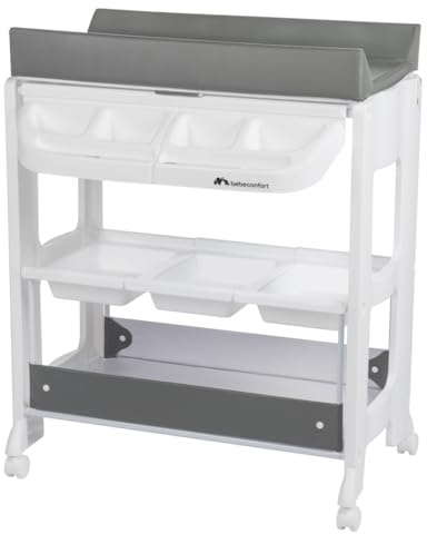 Bebeconfort Rosie – Module 2-en-1 table à langer et baignoire pour bébé, multiples compartiments de rangement, facile à déplacer, Mineral Gray
