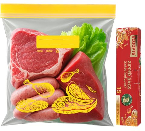 ECOOPTS Extra große Gefrierbeutel zur Aufbewahrung von Lebensmitteln, doppelter Reißverschluss und leicht zu öffnende Frischebeutel, ultrastark, wiederverwendbar, BPA-frei, 29 x 41,5 cm/Beutel (15, XL