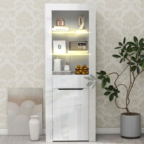 Vitrine sur Pied avec lumières LED bibliothèque avec étagères tiroirs Armoire de Rangement pour Cuisine Salon Bureau armoires d’Angle latérale Blanc