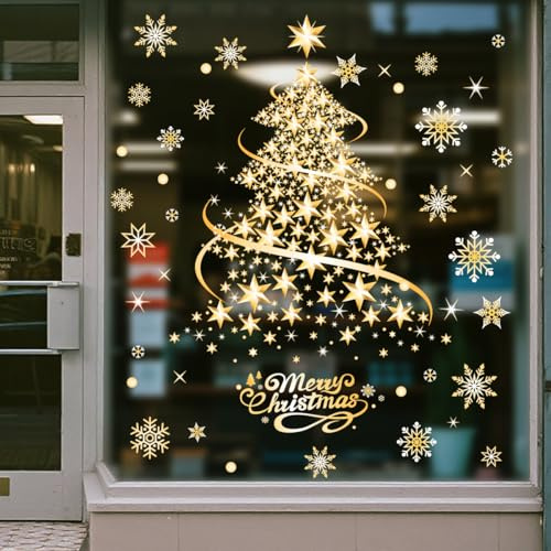 YULOONG Weihnachtsdekorationen Fenster Klammern Goldenen Weihnachtsbaum Schneeflocke Doppelseite wiederverwendbare DIY Statische Aufkleber