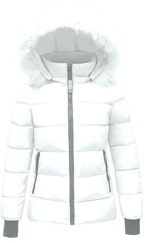 Gefomuofe Chaqueta Puffer para mujer, ligera, con capucha de pelo, corta, chaqueta acolchada, con forro grueso, elegante, chaqueta de softshell, abrigo de invierno, Blanco, L