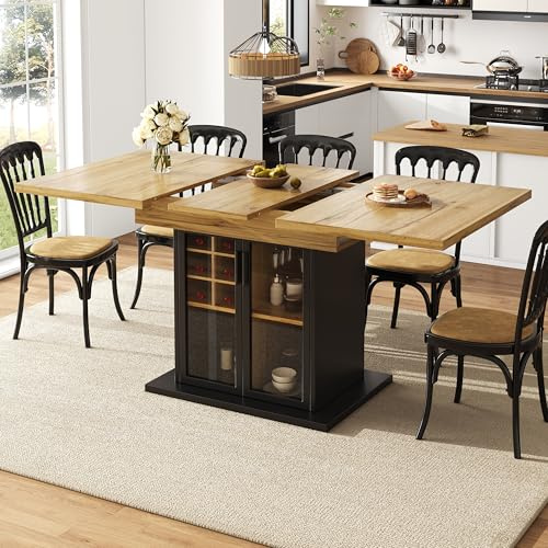 Easexcy Mesa de comedor telescópica (110-140 × 80 x 76 cm), mesa de cocina plegable para 4-6 personas, mesa de comedor extensible (puerta de cristal marrón)