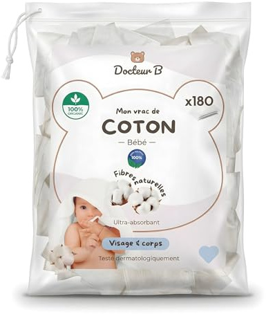 Docteur B – Coton Bébé 100% Organique x180 | Format 8×10 cm | Ultra-Absorbant & Fibres Naturelles | Coton Doux pour Visage & Corps | Idéal Toilette Bébé & Soin Quotidien | Format Vrac Économique