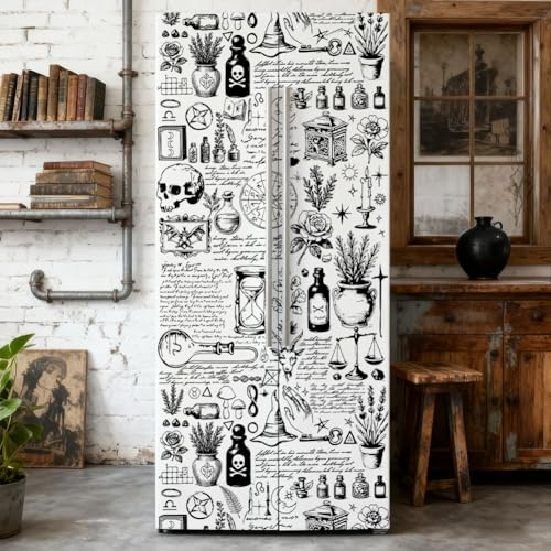 GOMAKERER 2 Pcs Plant Alchemy Themed Removable Refrigerator Wraps, Self-Adhesive Fridge Door Mural Vinyl Freezers Panel Cover Sticker for Kitchen Bar Decor, 16.34x78.74 Inch