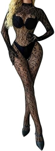 PARUPRUP Femme Bodystocking en Résille Léopard Rayures Sexy Manches Longue Lingerie Dentelle Transparente Catsuit Combinaison en Une Pièce Élastique sous-Vêtements Nuisette pour Soirée Cosplay