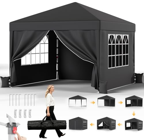 JUMMICO 3x3m Pop Up Gazebo with Sides, Heavy Duty Waterproof Gazebo, 4 Removable Sidewalls, UV50+ Sun Shelter, 3-Way Adjustable Height Folding Pavilion for Garden, Party, Camping - Grey
