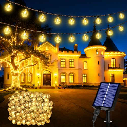 Realky Catena Luminosa Solare da Esterno 200 LED 27m, Luci Solari da Giardino con 8 Modalità e Funzione Memoria, IP65 Impermeabile, Luci Decorative per Terrazzo, Balcone, Gazebo, Festa (Bianco Caldo)