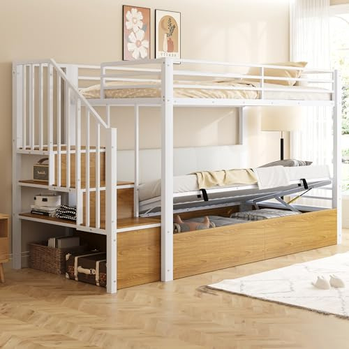 Kebnor Letto a soppalco in ferro, 90 x 200 cm, schienale imbottito in poliuretano, funzione idraulica, scala di sicurezza, struttura ringhiera ad alta protezione, letto a castello, letto per ragazzi