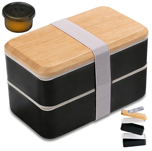 Bento Box Lunch Boxes for Adults, Stackable Leak-Proof Lunch Container | With Compartments, 1400ML Japanese Style Lunchbox with Sauce Pot & Cutlery Set, Microwaveable & Dishwasher Safe (Black)