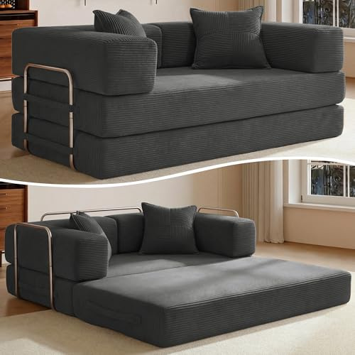 Vipbear Schlafsofa 160cm Breit,5-in-1 Faltbares Boneless Couch Grau | Bodensofa Bed Cordstoff 2er mit Schlaffunktion,Klappsofa Gästebett mit Armlehnen & Rückenkissen,Metallrahmen,ohne Montage