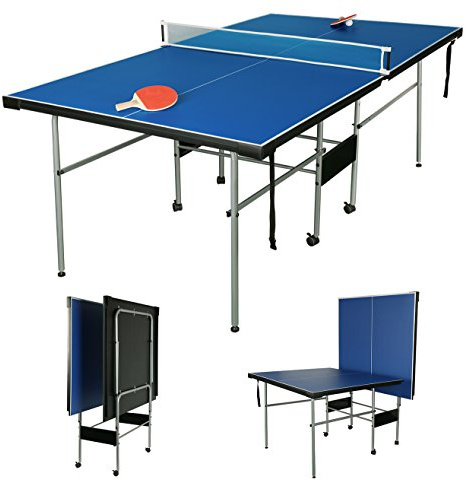 HLC Mid-Size Folding Table Tennis Table, Portable Ping Pong Table with Wheels & Net Set, Quick Setup Indoor Game Fun, Playback Mode - 81x45 Blue