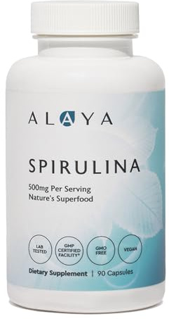Alaya Naturals Pure Spirulina Capsules – Hawaiian-Grown Blue Green Algae Superfood, Non-GMO, Vegan – 500mg, 90 Capsules