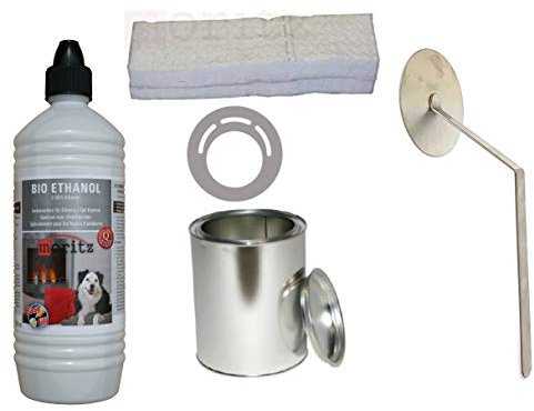 Moritz Set de iniciación de 5 x 1000 ml de etanol orgánico + 1 x Lata de 500 ml con Tapa + 1 x algodón/Lana de cerámica + 1 x Asesino de Llama + Placa de Ahorro para quemadores de Chimenea