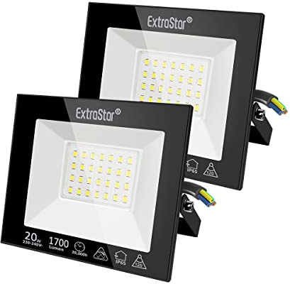 EXTRASTAR Projecteurs LED Extérieur 20W, IP65 Etanche, 1700LM, Spot LED Extérieur, 6500K Blanc Froid, Eclairage de Sécurité, pour Jardin Terrasse Garage Patio Grange Cour, Lot de 2