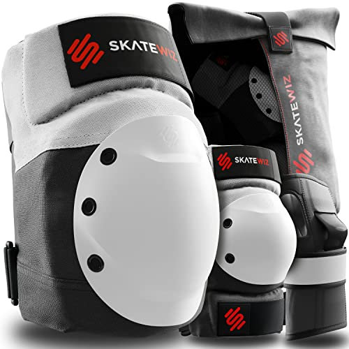 SKATEWIZ Protecciones Patines Adulto, Rodilleras Skate - Protecciones Patines de Hielo - Kit Protección Skate - Rodilleras y Coderas Adulto - SHIELD Talla L Gris Blanco