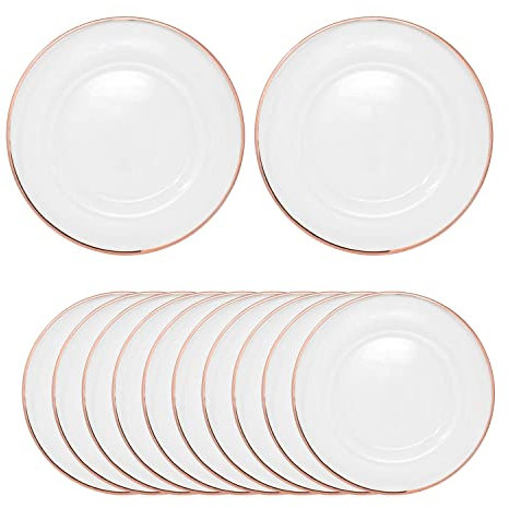 Trimming Shop Decorative Charger Plates, Rose Gold Trim Glass Plates for Dinner Table Decoration, Weddings, Anniversary, Birthday, Party, Tableware, Catering Events, 33cm, 12pcs
