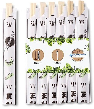 GREENBOX Bambus Essstäbchen 20 cm einzeln verpackt Naturprodukt biologisch abbaubar hygienisch verpackt in Papierhülle I Holzstäbchen Asia I Sushistäbchen Set Chopsticks Wood 100 Stück