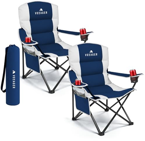 Voyager 2 Pack Premium Outdoor Camping Chair Set, 120kg Capacity, 3.3kg Per Chair, Waterproof & Foldable with Cup Holder & Side Pockets - Ideal for Garden, Fishing, Picnic, Camping & Travel Comfort