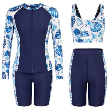 JACK SMITH Rash Guard for Women 3 Piece Long Sleeve Modest Swimsuits Swim Shirt Tummy Control Swimming Suits with Shorts and Sports Bra Navy/Flower