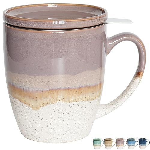 Bosmarlin Ceramic Tea Cup with Infuser and Lid, 16 Oz, 5 Colors to Choose, Dishwasher and Microwave Safe, Reactive Glaze, Steeping Tea Mug with Strainer (Purple)