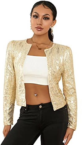 Miucchy Femme Sexy Boléro à Paillettes en Sequins Veste en Blazer Glitzer Manches Longues Cardigan Court pour la Fête, doré, L