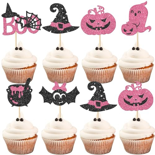 Rsstarxi 24 Pack Halloween Cupcake Toppers Glitter Ghost Boo Spider Bat Pumpkin Witch Hat Cupcake Picks Decorations for Halloween Theme Baby Shower Kids Birthday Party Cake Decorations