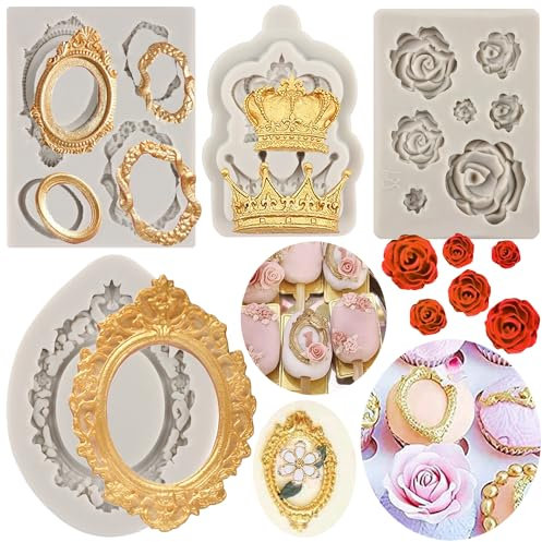 MYPRACS Vintage Rahmen Cupcake Fondant Form Krone Rose Blume Form Barock Stil Fondant Silikonformen Bilder Rahmen Silikonform für Kuchen Dekorieren Gummipaste Polymer Clay 4 Stück