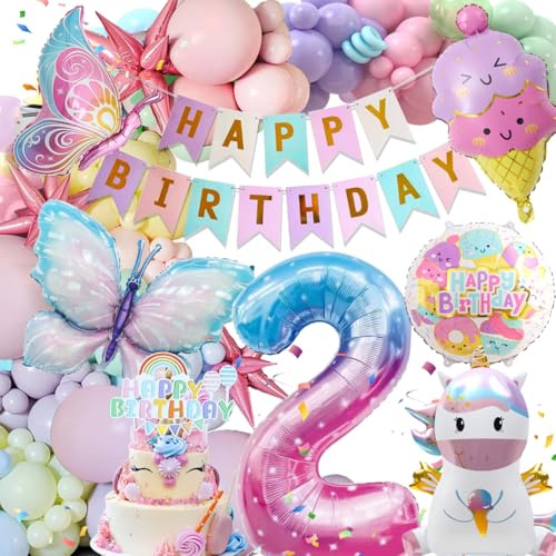 2 Jahre Geburtstagsdeko Deko Luftballons, Einhorn Deko, 2 Jahre Happy Birthday Deko, Einhorn Schmetterling Folienballon Geburtstag Deko