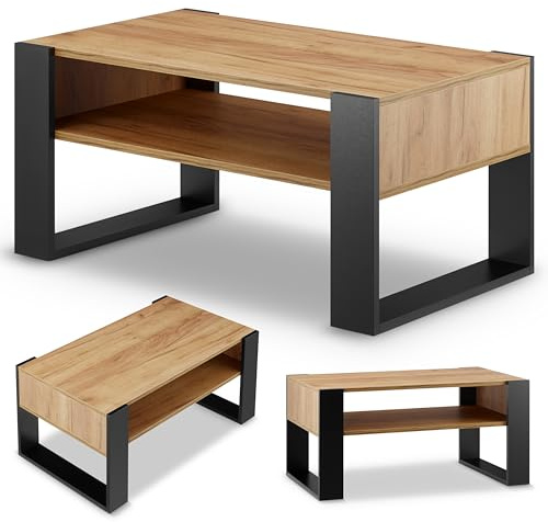 defiPad Tavolino grande con spazio di archiviazione, moderno tavolo da soggiorno in rovere | 92 cm di larghezza | tavolino da caffè massiccio e stabile | tavolino da caffè (Nero + Rovere)