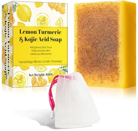Citron Gurkmeja & Kojic Acid Tvål, Naturlig Hudskönhet Tvål Bar, 100g Palm Oi Bar Tvål 一 Ta bort akne pormaskar, mörka fläckar, slät hud, djuprengöring, skonsam tvål för ansikte och kropp fuktgivande
