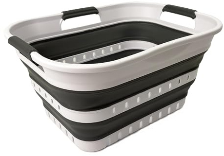 SAMMART Collapsible Plastic Laundry Basket - Foldable Pop Up Storage Container/Organizer - Portable Laundry Hamper - Space Saving (Weiß/Stahlgrau, 19L)