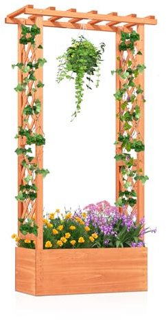 COSTWAY Jardinière avec Treillis Toit Suspendu en Bois (66 x 32 x 152 cm) | Potager Surélevé pour Plante Grimpante avec Trou de Drainage, pour Patio Terrasse et Jardin